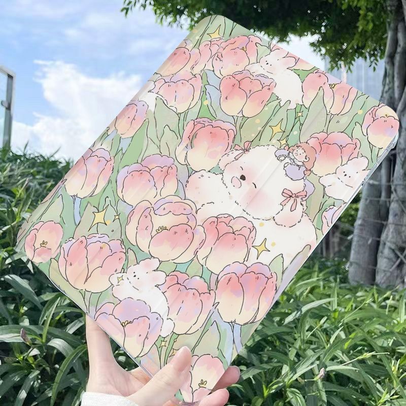 Ốp lưng máy tính bảng hoa tulip hoạt hình cho iPad gen7 air3 air5 10.9 thế hệ10th gen6 2018pro 2024air6 11inch gen9 10.2 gen5 2022pro11 gen8 mini6 air1 2 air4 có khe cắm bút Vỏ bảo vệ