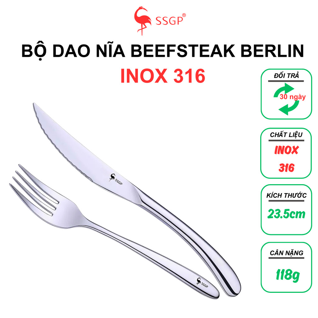 Combo dao muỗng nĩa ăn beefsteak Berlin inox 316 SSGP của , thìa ăn, muỗng ăn, bộ muỗng, nỉa