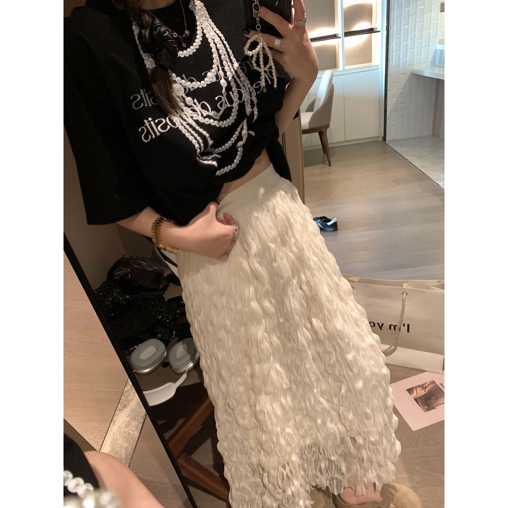 Váy gạc lượn sóng xếp li dành cho nữ Váy cạp cao không đều mỏng hơn Nhìn gạc thông minh Váy cổ tích