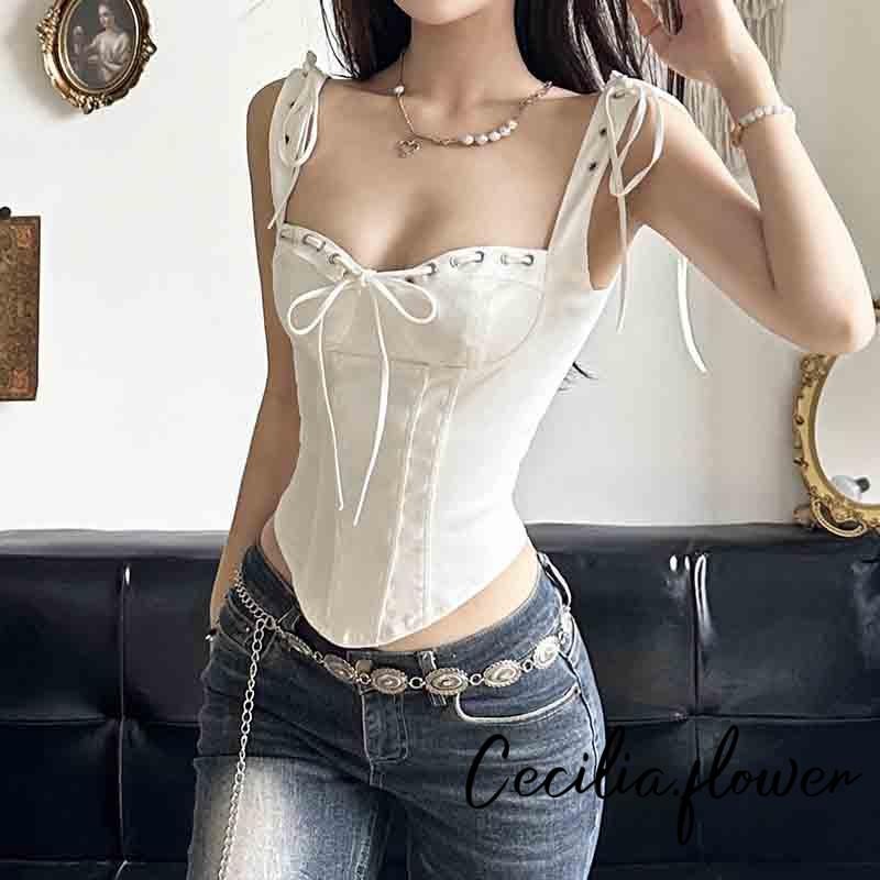 Phụ Nữ Mùa Hè Corset Xe Tăng Áo Cổ Điển Dây Rút Nơ Áo Sơ Mi Không Tay Áo Vest Cơ Bản Thẩm Mỹ Quần Áo Cho Dạo Phố