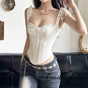 Phụ Nữ Mùa Hè Corset Xe Tăng Áo Cổ Điển Dây Rút Nơ Áo Sơ Mi Không Tay Áo Vest Cơ Bản Thẩm Mỹ Quần Áo Cho Dạo Phố