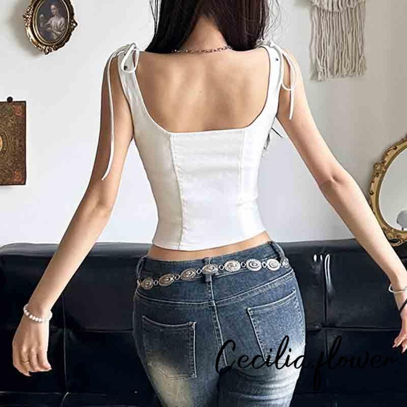 Phụ Nữ Mùa Hè Corset Xe Tăng Áo Cổ Điển Dây Rút Nơ Áo Sơ Mi Không Tay Áo Vest Cơ Bản Thẩm Mỹ Quần Áo Cho Dạo Phố