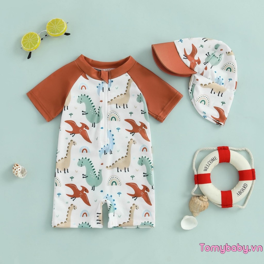 Đồ bơi bé trai mới biết đi Họa tiết khủng long tay ngắn nửa dây kéo không đóng cọc Rash Guard Đồ bơi + Sunhat