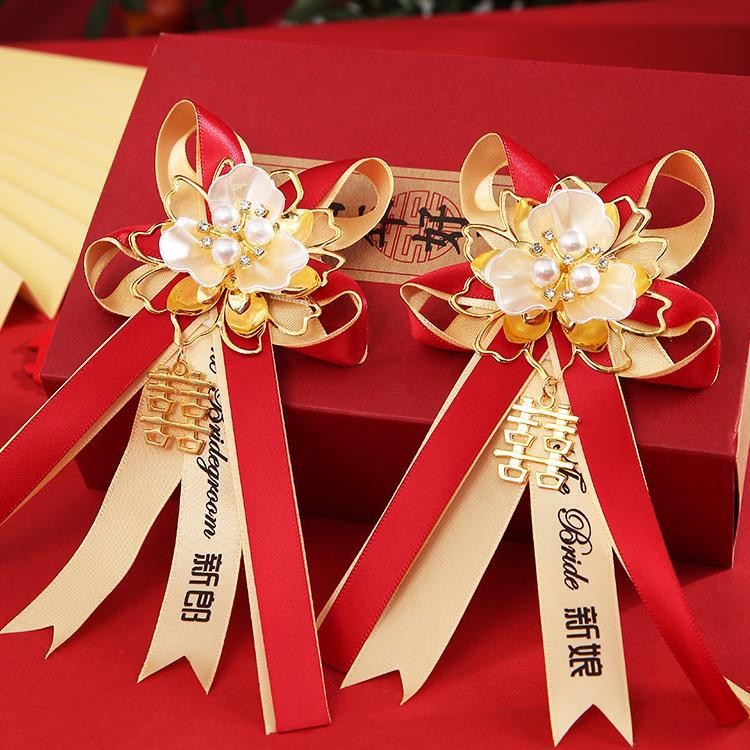 Boutonniere cô dâu và chú rể cao cấp phong cách Trung Quốc, bộ trâm cài đầy đủ cho cha mẹ, phù rể rồng và phượng, trâm cài cưới IBKZ