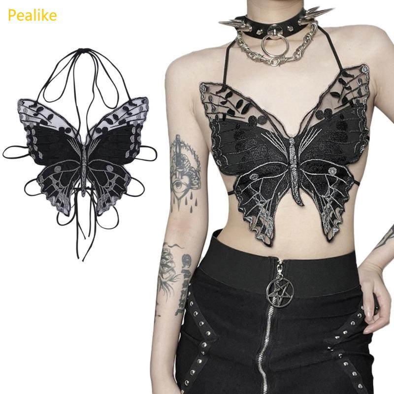 Pealike Nữ Dark Gothic Hình Bướm Áo Ngực Dây Lưng Sheer Ren Crop Top