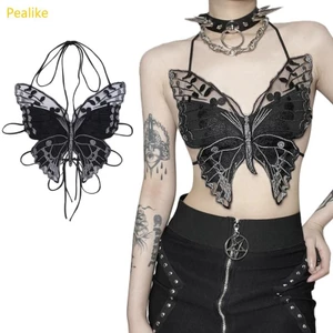 Pealike Nữ Dark Gothic Hình Bướm Áo Ngực Dây Lưng Sheer Ren Crop Top