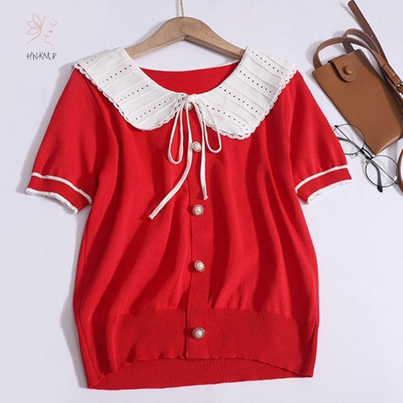 Hnkmp Mùa Hè Hàn Quốc Ngọt Nơ Dây Buộc Ruffle Cổ Búp Bê Tay Ngắn Đa Năng Áo Sơ Mi Dệt Kim Dành Cho Nữ.