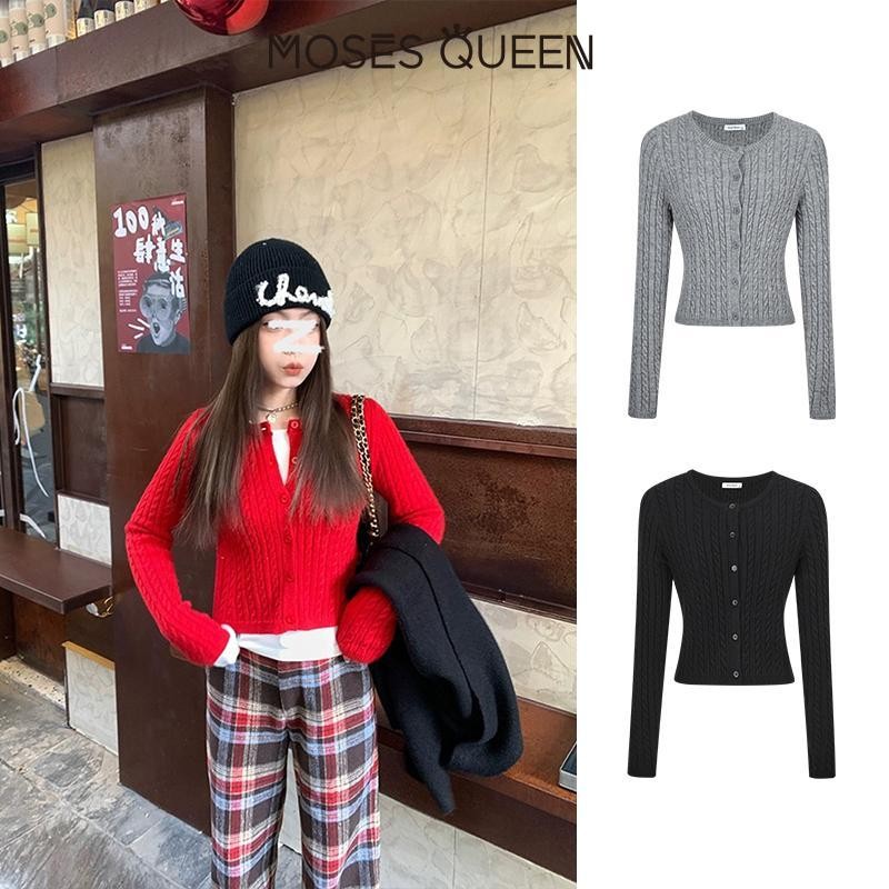 MOSESQUEEN Twist Dệt Kim Cardigan Cổ Tròn Mỏng Mỹ Slim Skinny 2025 Mới Top Nữ #59240 | BigBuy360 - bigbuy360.vn