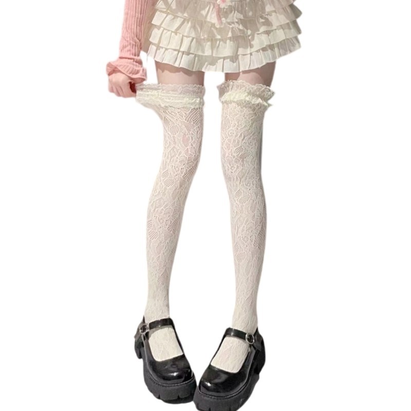 Woke Fishnet Đùi Cao Tất Cho Nữ Ruffle Viền Hoa Ren Trên Đầu Gối Tất