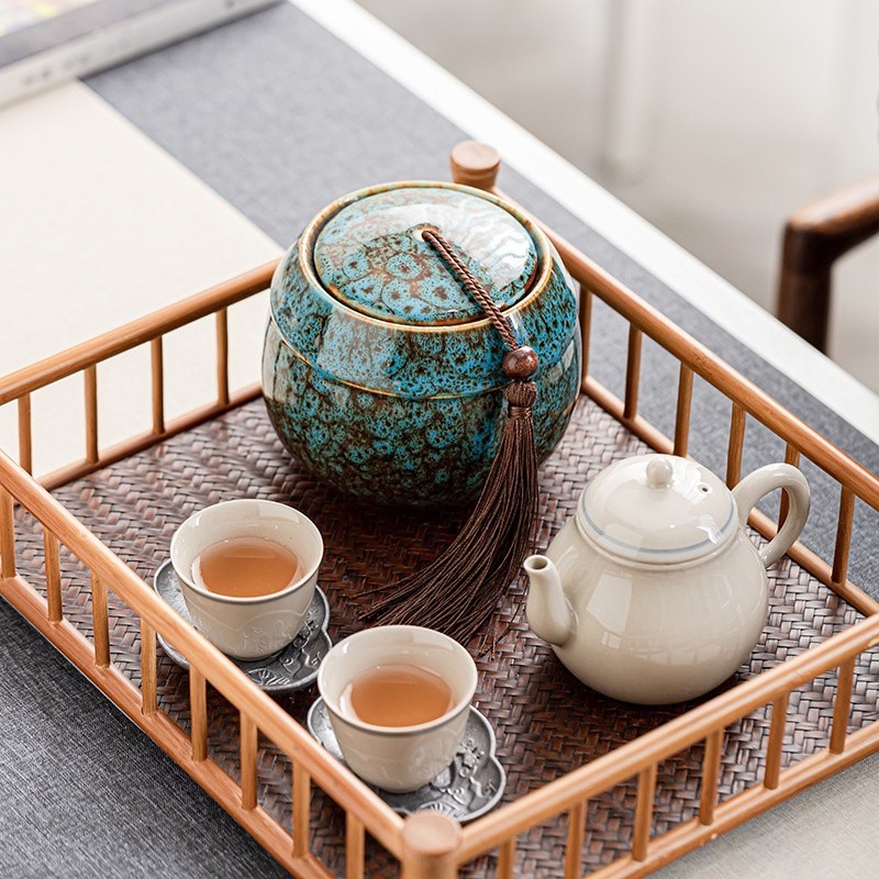 Hũ, Bình Đựng Trà Bằng Sứ Cảnh Đức Men Thiên Mục Hỏa Biến (cỡ lớn, rất khít)