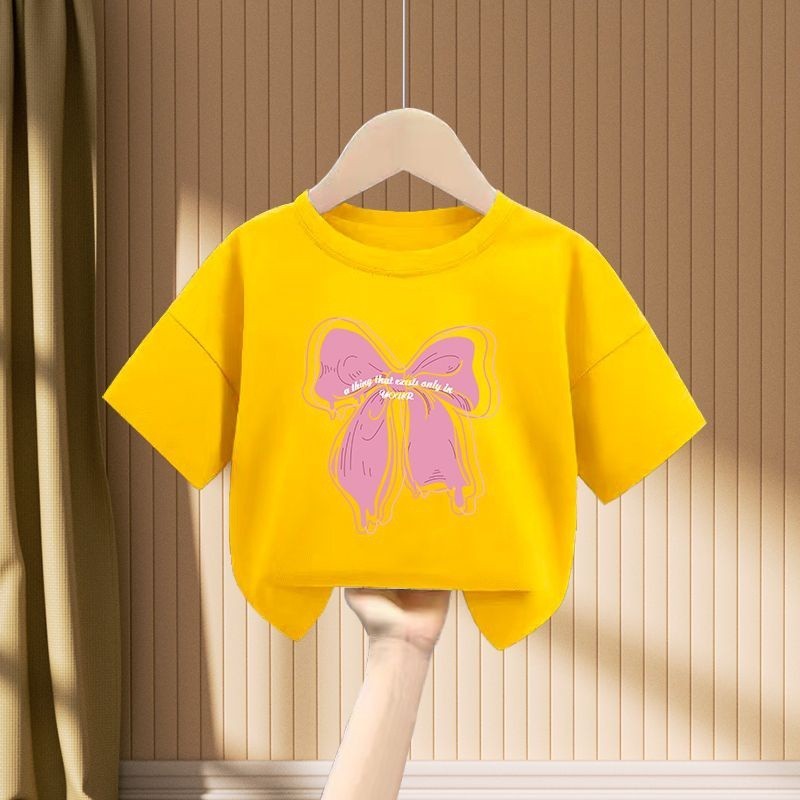 Áo Thun Hàn Quốc Quần Áo Trẻ Em Ngọt Nơ In Hình Mùa Hè Tay Ngắn Áo Thun Unisex Bé Gái Bé Trai Thời Trang Áo Quần Áo 0-12 Tuổi