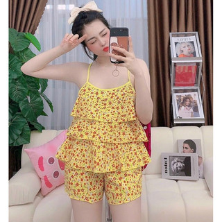 Set bộ đồ ngủ 2 dây 3 tầng bèo vải lụa hàn mềm mại họa tiết dễ thương .