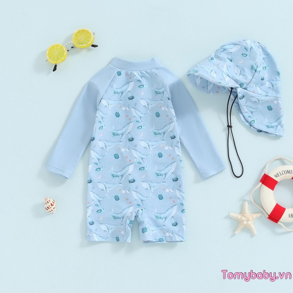 Bộ đồ bơi bé trai in hình cá voi dài tay Rash Guard Đồ bơi Mũ chống nắng Bộ đồ tắm cho bé