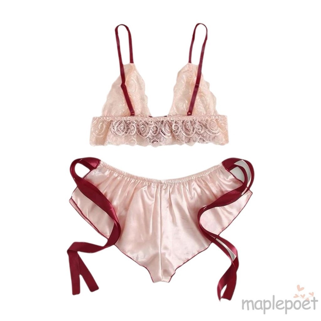 Maplepoet-áo lót hai mảnh dành cho nữ Khối màu gợi cảm Áo ngực băng xuyên thấu + Quần lót cho đêm