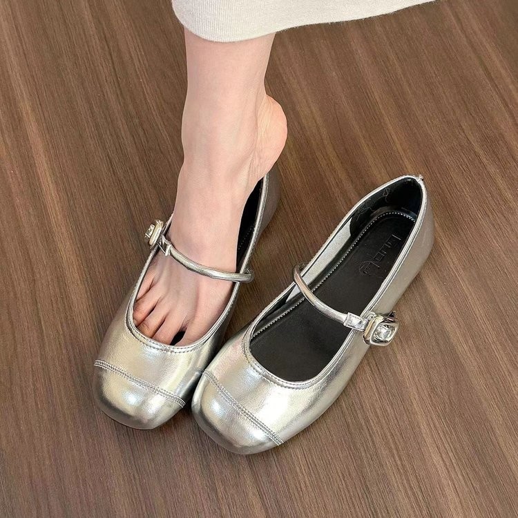 Thời Trang Phiên Bản Hàn Quốc Mũi Tròn Bạc Mũi Vuông Miệng Nông Mary Jane Giày Xuân Hè Phong Cách Mới Retro Pháp Nông Miệng Phẳng Miệng Khóa Dây Đeo Giày Đế Bằng Giày Nữ Nhà Máy Giá Bán Buôn