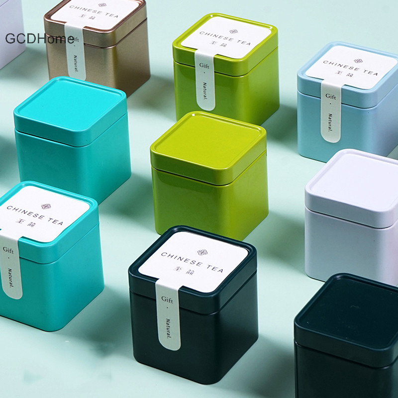 Gcdhome 1 Kín Trà Thiếc Bảo Quản Caddy Nhỏ Vuông Cà Phê Lá Trà Hộp Đựng Gia Vị HOT
