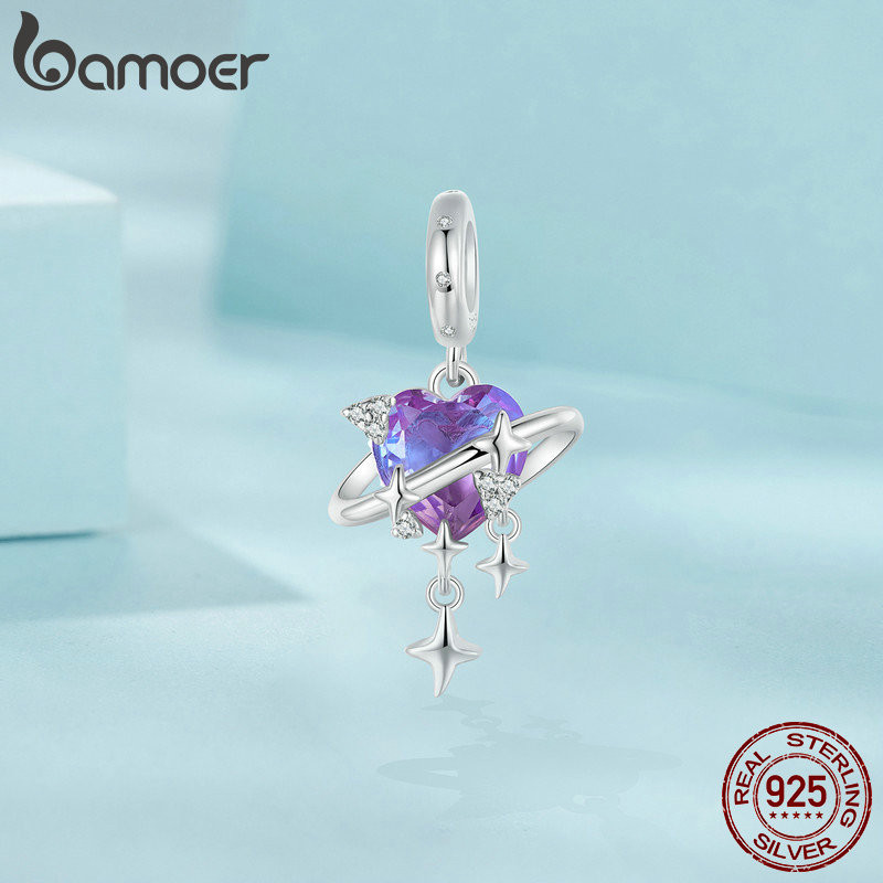 Bamoer 925 Sterling Sliver Charm Gradient Tím-pink Trái Tim Mặt Dây Chuyền Phụ Kiện Cho Vòng Tay