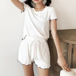 Màu sắc tương phản xù mát mẻ phù hợp cho nữ mùa hè dây rút bộ đồ ngủ cỡ lớn Bộ đồ hai mảnh mặc bên ngoài thường ngày băng lụa quần áo nhà
