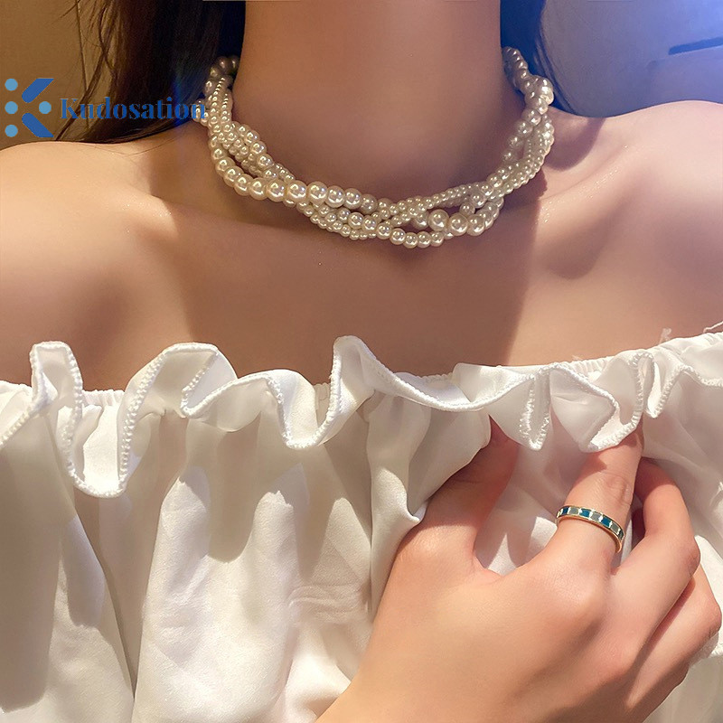 Kudosation Twining Ngọc Trai Vòng Cổ Choker Dành Cho Nữ Hình Học Dây Chuyền Cưới Phụ Kiện Trang Sức