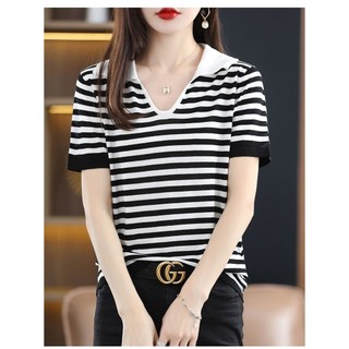 Ice Silk polo Cổ Áo Thun Tay Ngắn Nữ Mùa Hè Mỏng Dệt Kim Phong Cách Mới Ve Áo Ngắn Top Rời Áo Thun