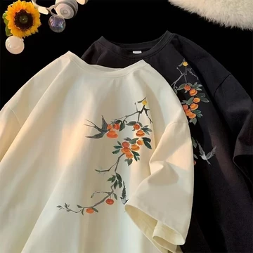 [Plus Size M-5XL] Áo nam Áo thun tay ngắn cỡ lớn Áo nam Quần áo nam Áo thun in hoa đào Hàn Quốc Áo thun nửa tay quá khổ Áo trẻ trung