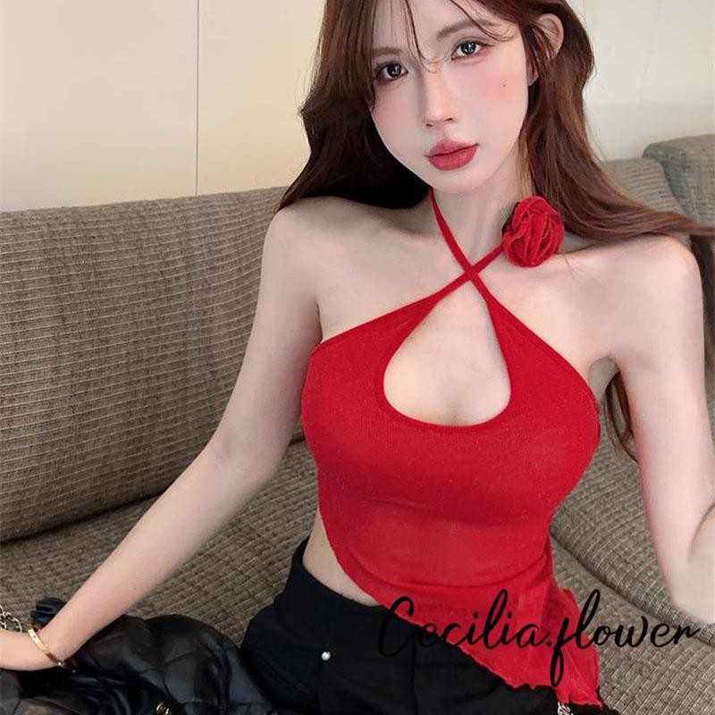 Áo ba lỗ cổ Cami không tay hở lưng 3D hoa hồng không đều viền xe tăng cắt