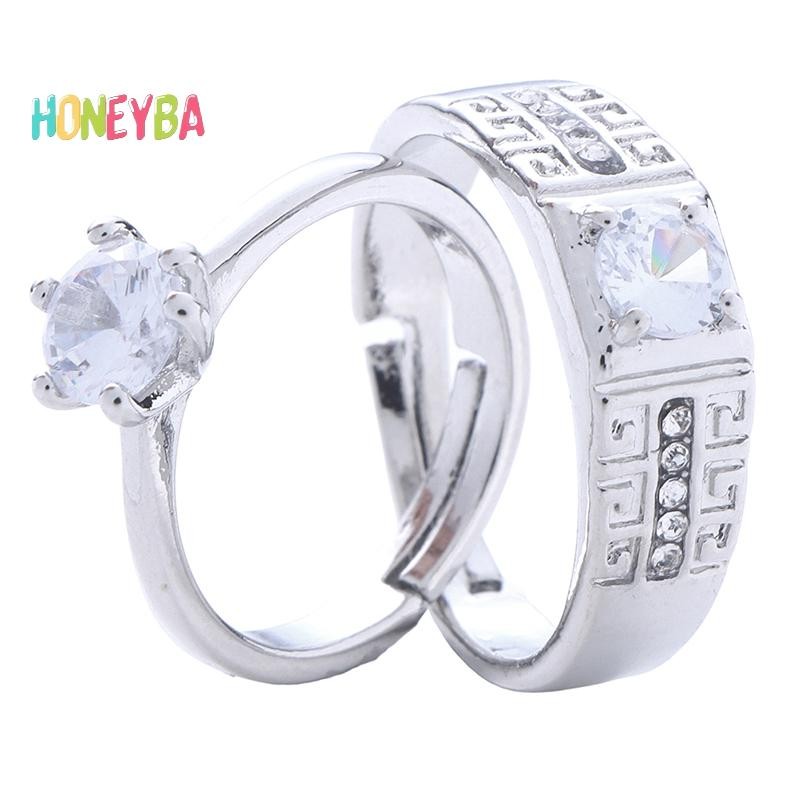 < Honeyba > 1 Cặp Đôi Cổ Điển Có Thể Thay Đổi Kích Thước Nhẫn Đính Hôn Nam Nữ Kim Cương Giả Có Thể Điều Chỉnh Quà Tặng Lễ Tình Nhân