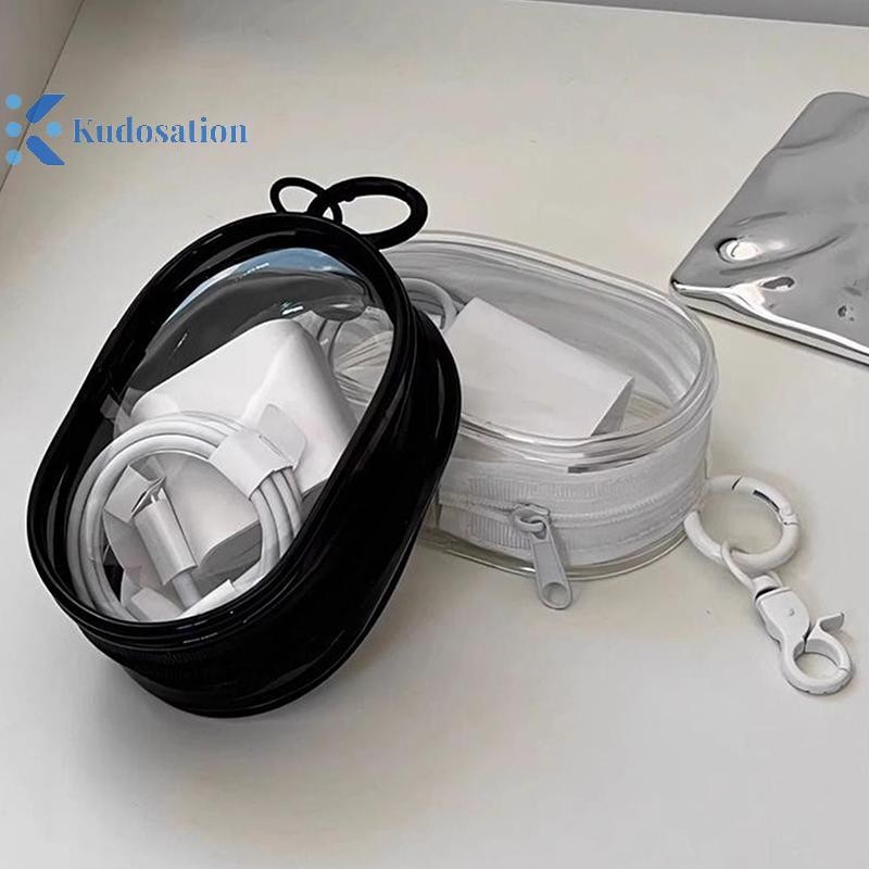 Kudosation Đen Trắng Hình Bầu Dục PVC Trong Suốt Túi Đựng Mỹ Phẩm Tổ Chức Búp Bê Hiển Thị Túi Di Động Tai Nghe Đồng Xu Cáp Dữ Liệu Sạc Túi Bảo Quản