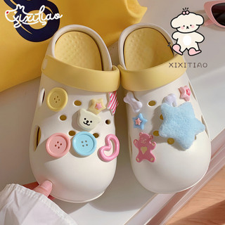 Xixitiao Sáng Tạo Nút Nhiều Màu Sắc Mùa Hè Mặc Ngoài Bé Gái Hàn Quốc Giày Lỗ Gấu Dễ Thương
