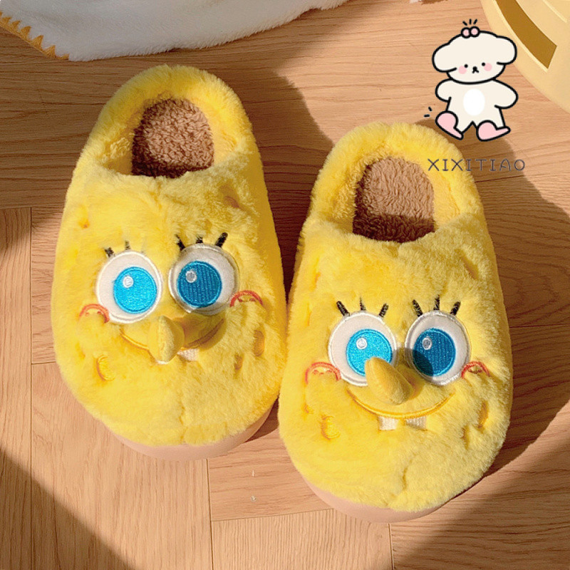Xixitiao Cotton Dép SpongeBob SquarePants Thu Đông Phong Cách Baotou Lông Cừu Ấm Áp Trong Nhà Mềm Dày-