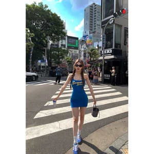 Đầm dây nữ vintage ngắn bodycon A-line phong cách Hàn Quốc