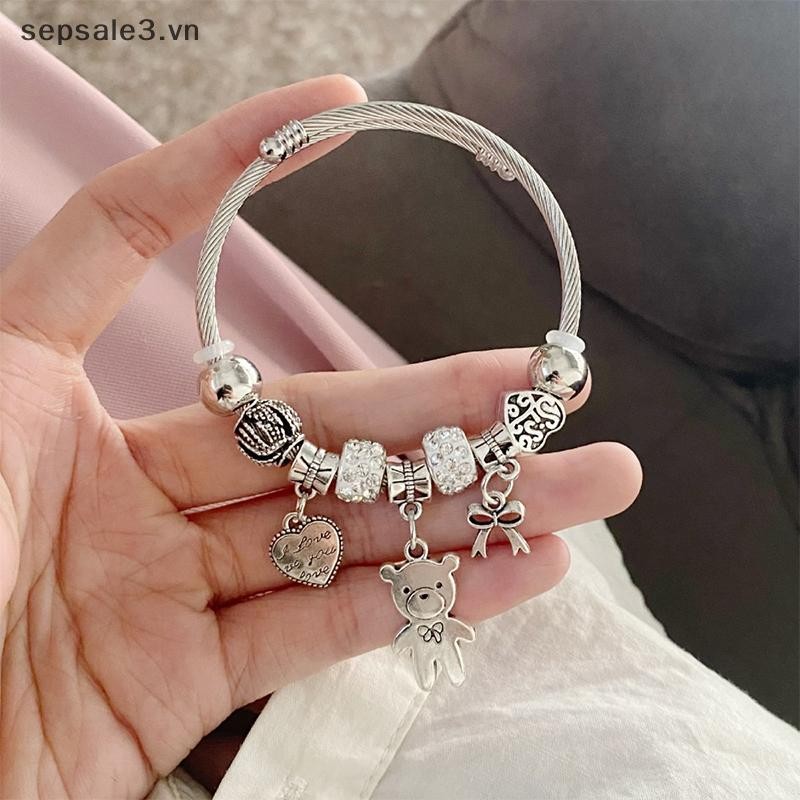 # Sepsale # Vòng tay quyến rũ đính cườm cổ Mặt dây chuyền gấu Trái tim tình yêu Vòng tay có thể điều chỉnh Vòng tay nữ Quà tặng trang sức DIY.