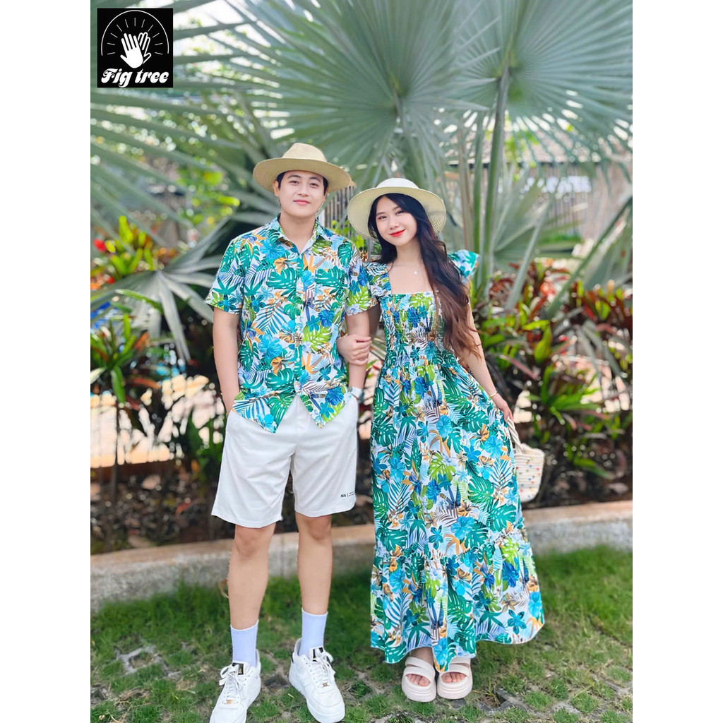 Đồ Đôi  Đi Biển Fig Tree Họa Tiết Hoa Lá Xanh Tươi Mát MS 191- Hàng Thiết Kế