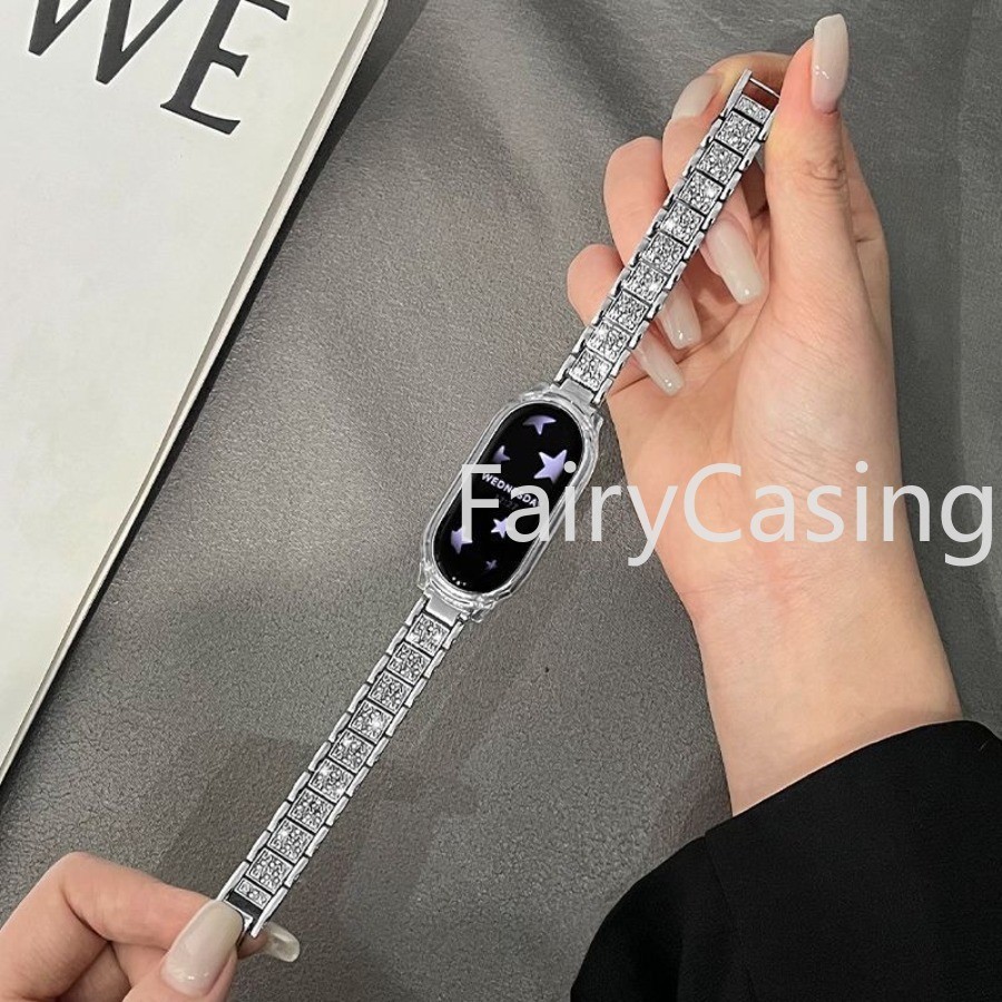 Dây đeo cổ tay 12mm cho Xiaomi Mi Band 10 9 8 7 6 5 4 3 NFC Watchband có vỏ kim loại Vòng đeo tay bằng thép không gỉ kim cương lấp lánh sang trọng cho Miband 8 ban nhạc