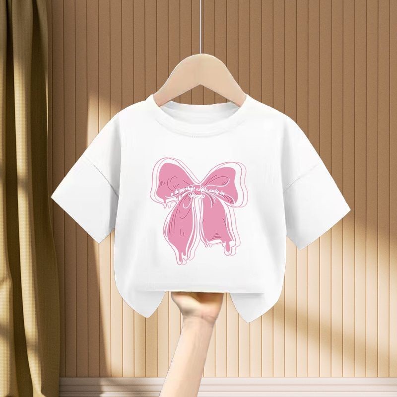 Áo Thun Hàn Quốc Quần Áo Trẻ Em Ngọt Nơ In Hình Mùa Hè Tay Ngắn Áo Thun Unisex Bé Gái Bé Trai Thời Trang Áo Quần Áo 0-12 Tuổi