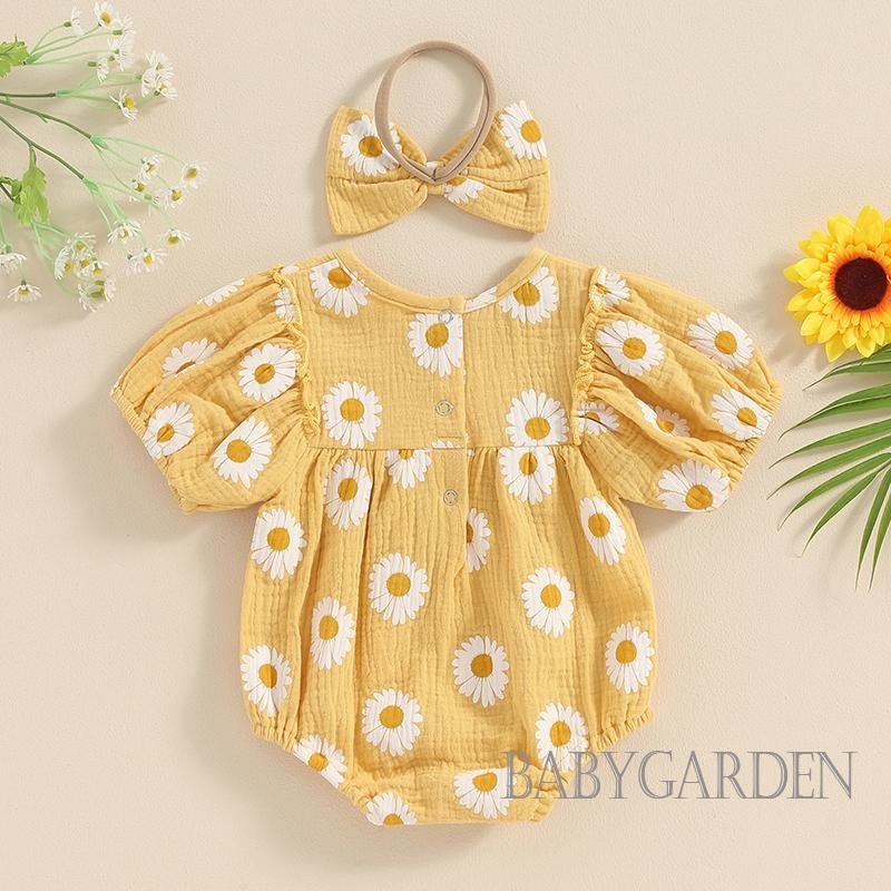 Baga-baby Bé Gái Rompers Có Băng Đô In Hoa Cúc Tay Ngắn Cổ Tròn Cho Trẻ Sơ Sinh Body Quần Áo Mùa Hè