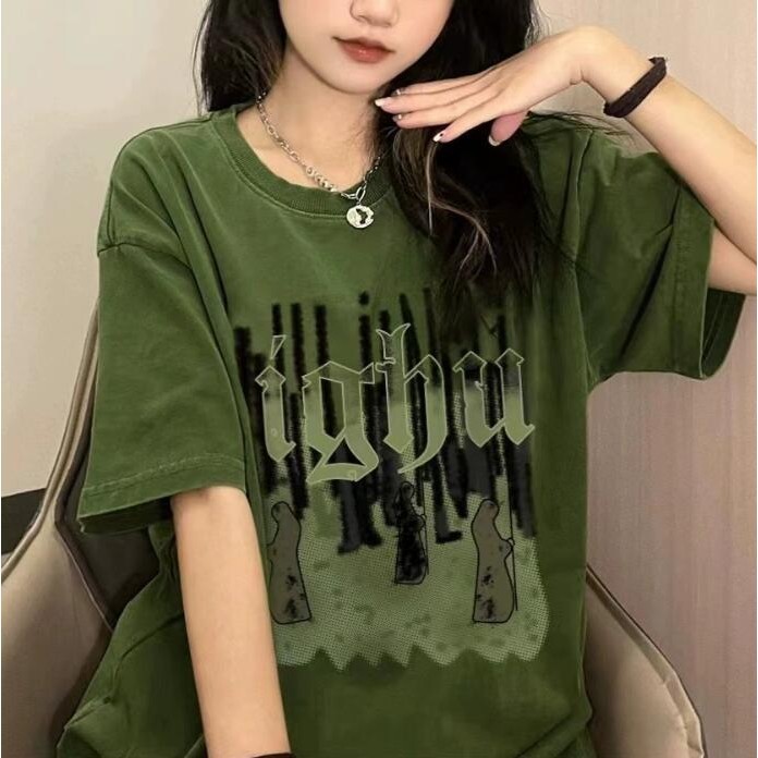 Suxi - Retro In Hình Thời Trang Mùa Hè Mới Thời Trang Cổ Tròn Đa Năng Áo Thun Nữ Tay Ngắn 240427