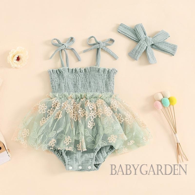 Baga-baby Bé Gái Rompers Đầm Có Băng Đô Buộc Dây Đeo Spaghetti Hoa Thêu Lưới Viền Trẻ Sơ Sinh Body Quần Áo Mùa Hè