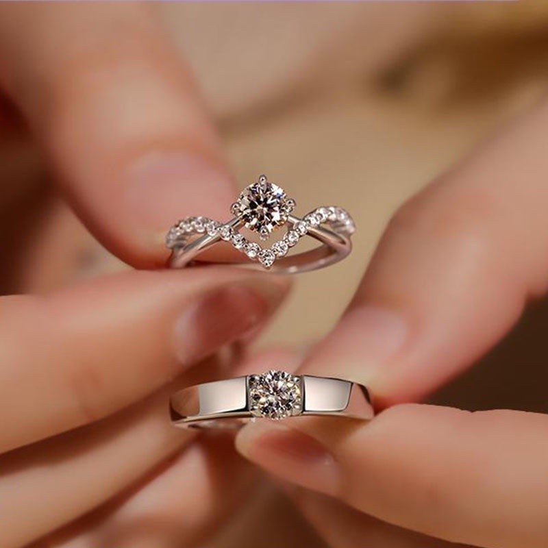 【BÁN BUÔN】Tình Yêu-Hình Cặp Đôi Nhẫn Bốn Móng Mô Phỏng Moissanite Kim Cương Nhẫn Zircon Vương Miện Mở Nhẫn nhẫn bạc