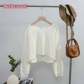 Phụ Nữ Rỗng Che Áo Sơ Mi Cổ Tròn Dài Tay Áo Summe Thời Trang Size Lớn Áo Sơ Mi Đan Ngắn