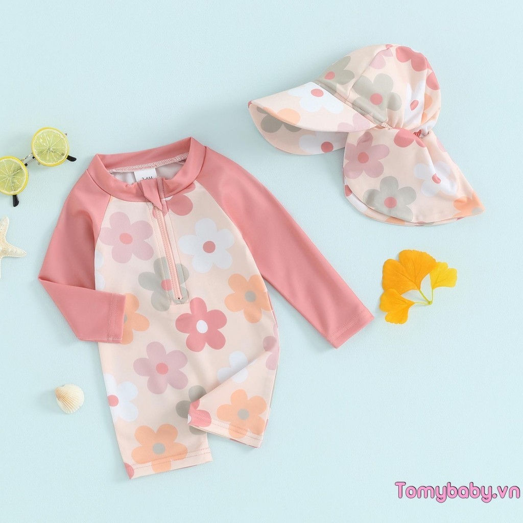 Bộ đồ bơi đi biển bé gái dài tay in hoa / cây nhiệt đới có khóa kéo lên Bộ đồ tắm + mũ 2 chiếc