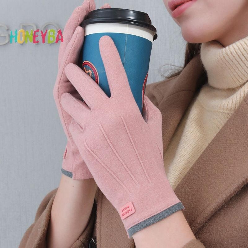 < Honeyba > Găng tay sang trọng dày mùa đông dành cho nữ Thời trang da lộn ấm áp ngoài trời Guantes Lady Găng tay lái xe màn hình cảm ứng Găng tay đi xe đạp thể thao