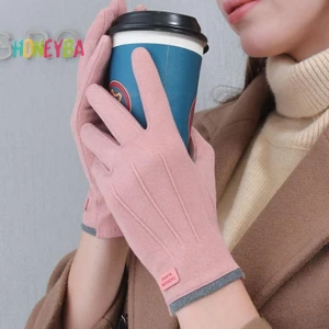 < Honeyba > Găng tay sang trọng dày mùa đông dành cho nữ Thời trang da lộn ấm áp ngoài trời Guantes Lady Găng tay lái xe màn hình cảm ứng Găng tay đi xe đạp thể thao