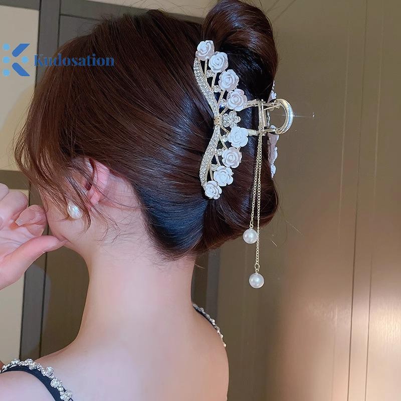 Kudosation Ánh Sáng Sang Trọng Kim Cương Giả Hoa Hồng Móng Vuốt Kẹp Tóc Barrette Phụ Kiện Tóc