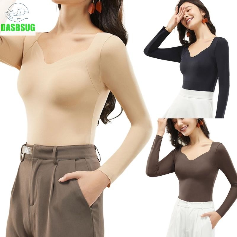 Dasbsug Quần lót giữ nhiệt liền mạch cho nữ Áo cổ dài tay có đệm ngực