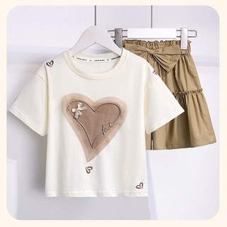 Bộ đồ bé gái mùa hè dễ thương - Áo thun tim phối nơ kèm quần short váy thời trang cho bé lớn