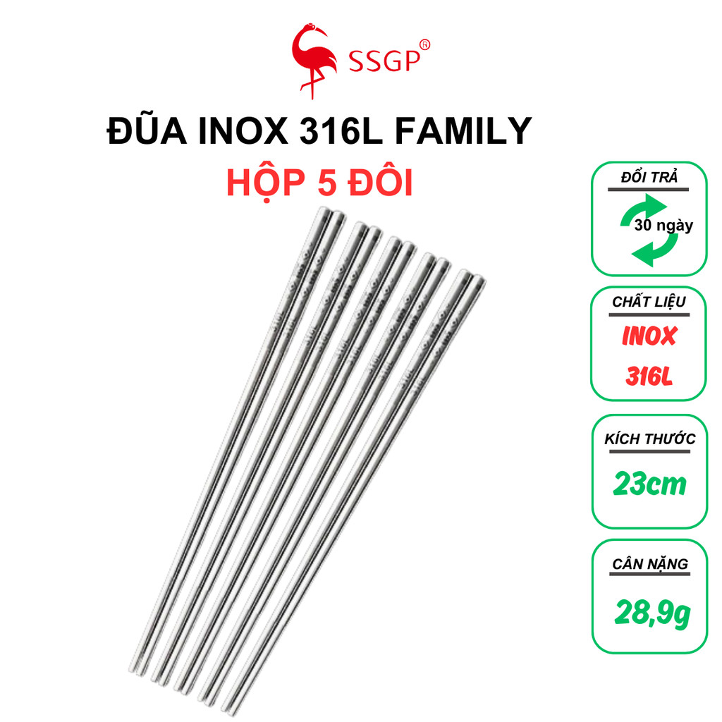 [Combo 5 đôi] Đũa inox 316 Family cao cấp SSGP, chống trơn trượt, bộ 5 đôi, kháng khuẩn, an toàn 304