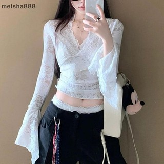 Meisha888 Nữ Gợi Cảm Cổ Chữ V Tay Áo Sơ Mi Ren Pure Desire Rỗng Mỏng Đẹp Crop Top