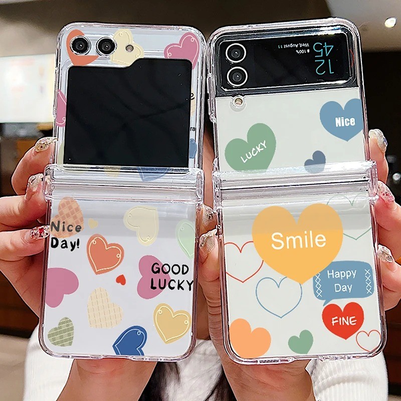 Ốp điện thoại trong suốt họa tiết tình yêu đầy màu sắc cho Samsung Galaxy Z Flip 6 Flip 5 Flip 4 5G Full Bản lề PC cứng gấp cho Samsung Z Flip 6 5 4 3