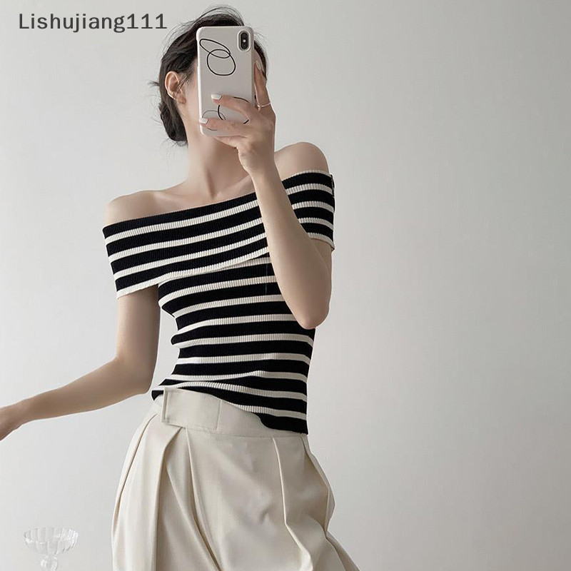Li ✨Real Shot Áo thun dệt kim ngắn tay sọc một vai mới mùa hè dành cho Slim Top SHU